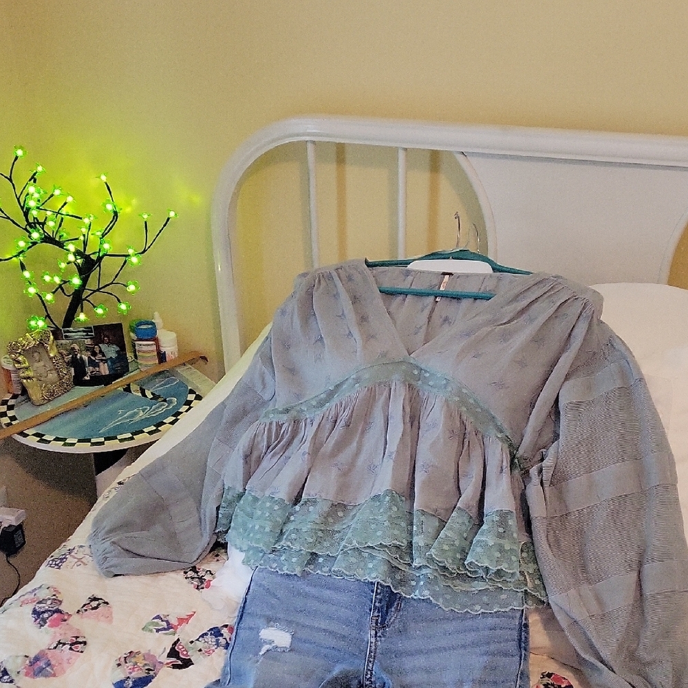 Free People Sheer Sage Blouse with Embroidery - Picture 2 of 5